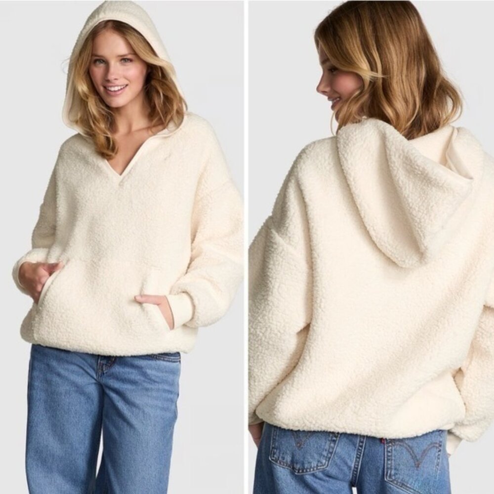 PINK Victoria's Secret Fuzzy Teddy Sherpa Hoodie Logo Oversized XS NWT